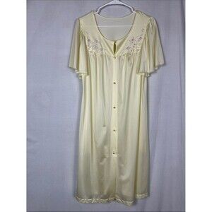 Vintage 70s Shadowline Butter Yellow Nightgown with Embroidered Flowers